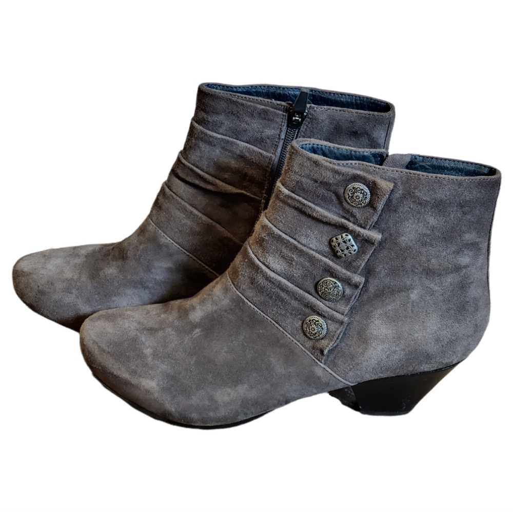 Dansko Gray Suede Ankle Boots with Button Detail